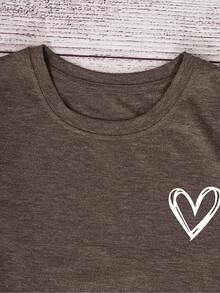 EMERY ROSE Women's Round Neck Heart Print Short Sleeve Casual Fashion Regular T-Shirt - Coffee Brown - View 5