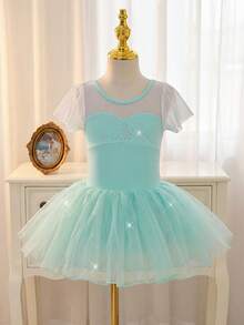 Robe de tutu de ballet pour jeunes filles, tissu vert clair à haute élasticité pour le printemps/été, manches volantées pour un look léger, jupe en tulle avec un éclat nacré, élégante et fraîche pour le port quotidien, les représentations de ballet et les pratiques - Vert menthe - Voir 2