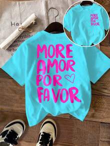 EMERY ROSE Áo nữ mùa hè thời trang, phong cách thường ngày, in hai mặt, mang thiết kế cổ điển với họa tiết trái tim và sọc. Áo thun cổ tròn tay ngắn, chất liệu trơn, in chữ "MORE AMORE PER". - Màu xanh lam - Xem 4