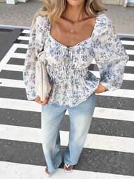 Pariaura Herzausschnitt-Kragen, Laternärmel, taillierter Bund, geraffter Bindedetail, Rüschensaum elegante Bluse