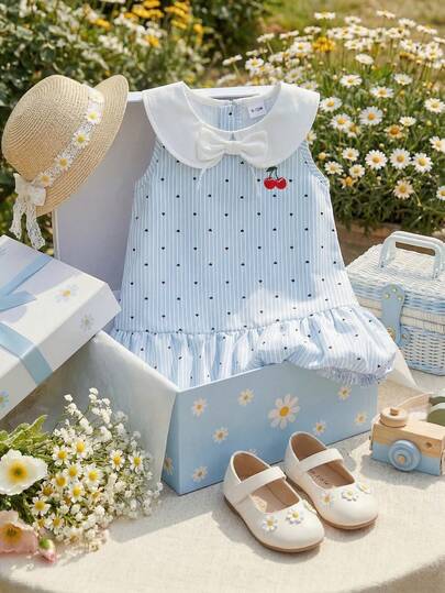 Souflis Souflis Đầm hè kiểu Pháp mới cho bé gái, đầm công chúa không tay cổ Peter Pan dễ thương với họa tiết trái tim và thêu hoa anh đào khắp thân đầm, ngọt ngào và thời trang, thích hợp cho các buổi đi chơi, đi học, đi mua sắm và các dịp khác.