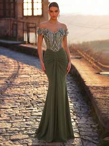 Glamrae 优雅奢华露肩袖串珠刺绣网纱拼接弹力褶皱鱼尾连衣裙，适合婚礼、派对、度假、晚宴等场合（重磅款） - 橄欖綠 - 查看 2