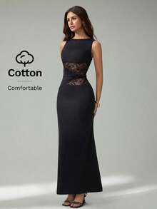 SHEIN Tall 女士黑色优雅蕾丝拼接真挚长裙，舒适弹力棉质面料，新年优雅女士派对礼服 - 黑色 - 查看 2