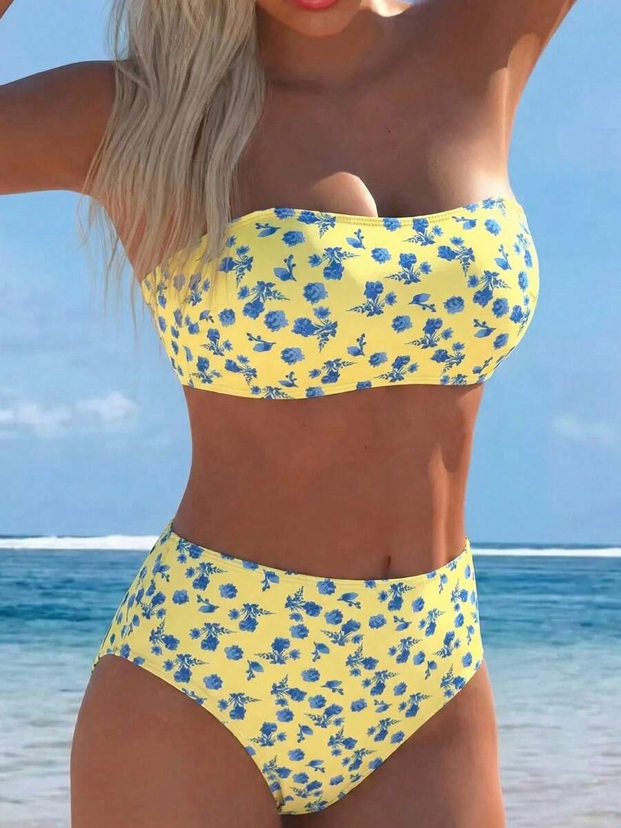 SHEIN Swim Lushore 女士随机印花细肩带抹胸比基尼高腰泳衣套装，夏季 - 彩色 - 查看 1