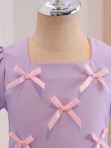 Glamorique Kids 1件装女童方领短泡泡袖蝴蝶结装饰粉色可爱优雅休闲连衣裙，适合日常外出、旅行、聚会、夏季穿着，面料柔软舒适，2026春夏新款 - 淡紫色 - 查看 4