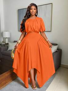 Brilight Women's Beach Vacation Style Puff Sleeve Ruched Waist-Cinching Blosue And Asymmetric Hem Handkerchief-Hem Structured Panel Maxi Skirt Two Pieces Outfit,Perfect For Commute And Vacation,Music Festival Sexy Club School - Orange - View 4