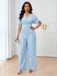 Lunelith SHEIN Lunessa 女士V领短袖条纹印花弹力腰修身休闲连体裤 - 淺藍色 - 查看 7