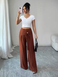 SHEIN Elenzya 优雅日常交叉金属装饰阔腿女士西装裤 - 棕色 - 查看 5
