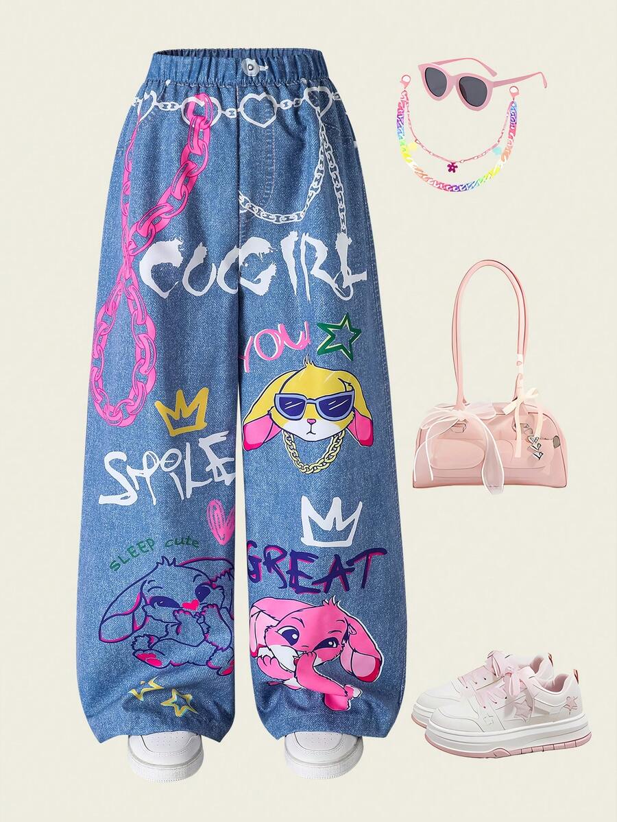 Sparklyn 休闲时尚卡通印花仿牛仔弹力腰阔腿裤，适合青少年女孩，宽松舒适，适合秋季、春季、夏季日常穿着、通勤、户外活动、篮球、足球、上学、街头风、派对、拍照等场合。 - 藍色 - 查看 1