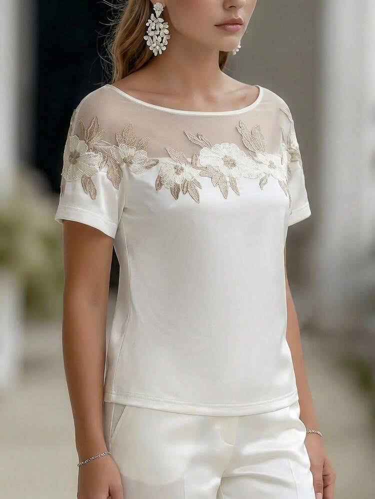 EMERY ROSE Blusa de satén con decoración floral, cuello redondo elegante, ajustada, para uso diario, vacaciones, casual y fiestas. Confección de alta calidad, para uso casual en primavera/verano - Blanco - Añade 5