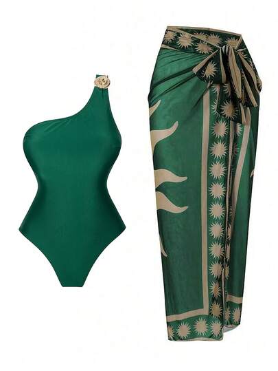 Swim Oasis Traje de baño de una pieza para mujer talla grande, conjunto de dos piezas con parte superior de un hombro con decoración de concha metálica y falda de gasa estampada, elegante y de alta gama para playa, resort y fiesta en la piscina