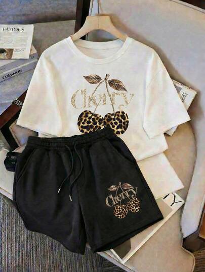 2 piezas: conjunto de camiseta corta con estampado y pantalón corto para mujeres, con cinturón elástico y cordón, ideal para usar en primavera y verano. Conjunto deportivo de pantalones cortos para mujer, combinación de 2 piezas: camiseta corta y pantalón corto.