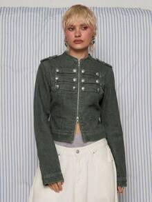 COUREZ Áo khoác denim ôm dáng kiểu tay trống / Áo khoác denim ôm dáng phong cách Y2K mùa thu đông, chất liệu denim nhẹ, cài nút và khóa kéo phía trước, thích hợp cho dịp đêm giao thừa. - xanh quân đội - Xem 2