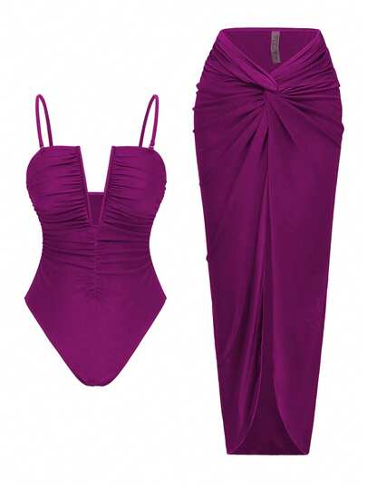 Swim Oasis 2pcs/Set Sexy Solid Color V-Neck Ruched Spaghetti Strap Bandeau One-Piece Swimsuit & Front Twist Slit Beach Dress Set