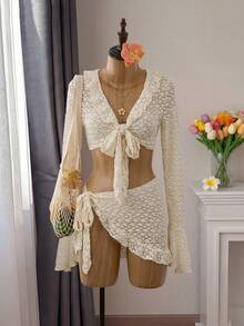 Bellisia 女士最新时尚沙滩装，适合春、夏、秋季，浅黄色花卉镂空荷叶边网纱罩衫泳衣套装 - 杏色 - 查看 1