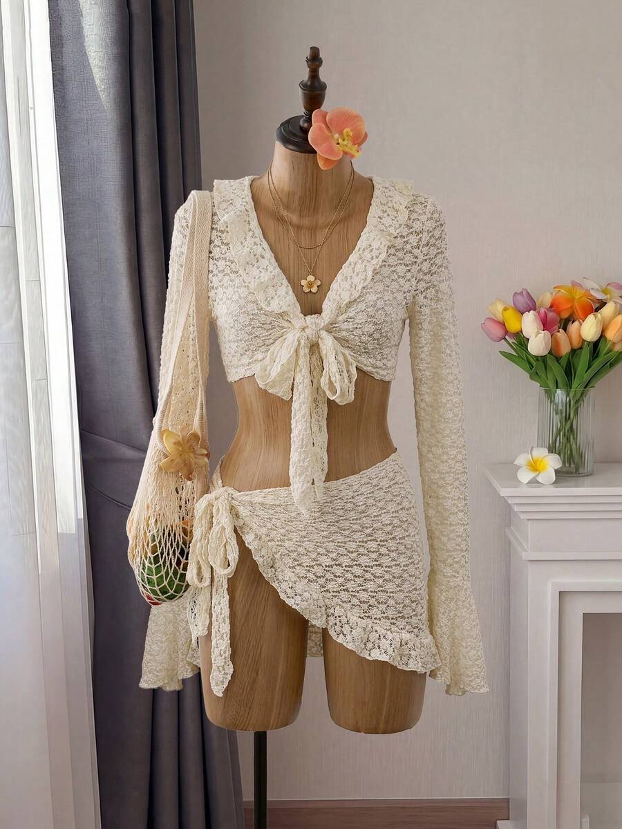 Bellisia 女士最新时尚沙滩装，适合春、夏、秋季，浅黄色花卉镂空荷叶边网纱罩衫泳衣套装 - 杏色 - 查看 1