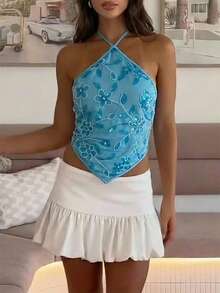 Aloruh 亮片刺绣性感露背吊带背心，优雅适合派对、音乐节和夏季穿着 - 藍色 - 查看 5