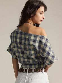 2026 Blusa casual holgada de manga de murciélago a cuadros para mujer, blusa asimétrica de hombro a cuadros, blusas de manga corta retro en múltiples colores - Multicolor - Ver 7
