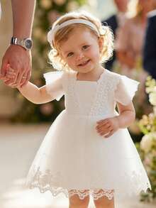 Glamorique Kids 女婴公主裙，节日正式礼服，白色薄纱泡泡袖连衣裙，花童礼服，生日派对礼服，婚礼礼服，柔软面料，蕾丝薄纱裙摆，适合正式场合，钢琴演奏会，演出，主持活动，拍照，夏季，欧美风格白色复活节连衣裙，圣餐婴儿礼服，女婴花卉刺绣贴花泡泡袖撞色网纱连衣裙，白色女婴连衣裙，女婴洗礼服 - 白色 - 查看 3