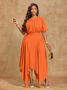Brilight Women's Beach Vacation Style Puff Sleeve Ruched Waist-Cinching Blosue And Asymmetric Hem Handkerchief-Hem Structured Panel Maxi Skirt Two Pieces Outfit,Perfect For Commute And Vacation,Music Festival Sexy Club School - Orange - View 6