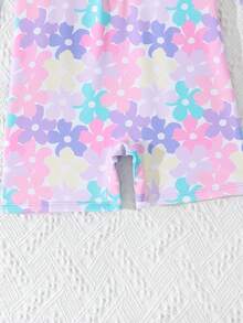 SHEIN 新款时尚少女粉色碎花连体泳衣，休闲优雅奢华，针织面料，拉链设计方便穿脱，适合海滩、度假、海边游泳，是夏季游泳的完美之选 - 紫色 - 查看 5