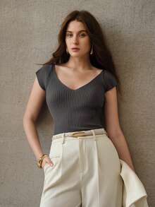 MOTF PREMIUM V NECK SLIM FIT KNIT TOP - Grey - View 5