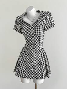 Elamini Plaid Front Button Fitted Stylish Summer Mini Dress - Grey - View 4