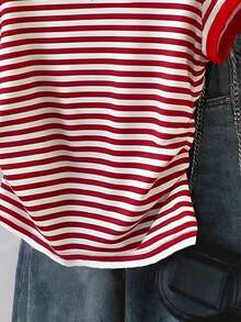 少女条纹印花针织T恤，休闲红白条纹T恤，适合夏季，个性化T恤，女孩图案T恤，适合春夏穿着，轻盈舒适，充满春日气息，夏日气息 - 彩色 - 查看 4