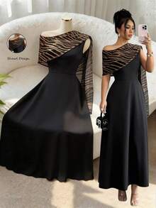 Elenzga 优雅都市时尚新款夏季黑色不对称肩部A字连衣裙，搭配单侧斑马纹披肩，适合日常穿着、婚礼、晚宴、通勤、毕业派对、节日、假期、约会、聚会、万圣节、圣诞节、新年、感恩节、婚礼等场合 - 女装 - 黑色 - 查看 1