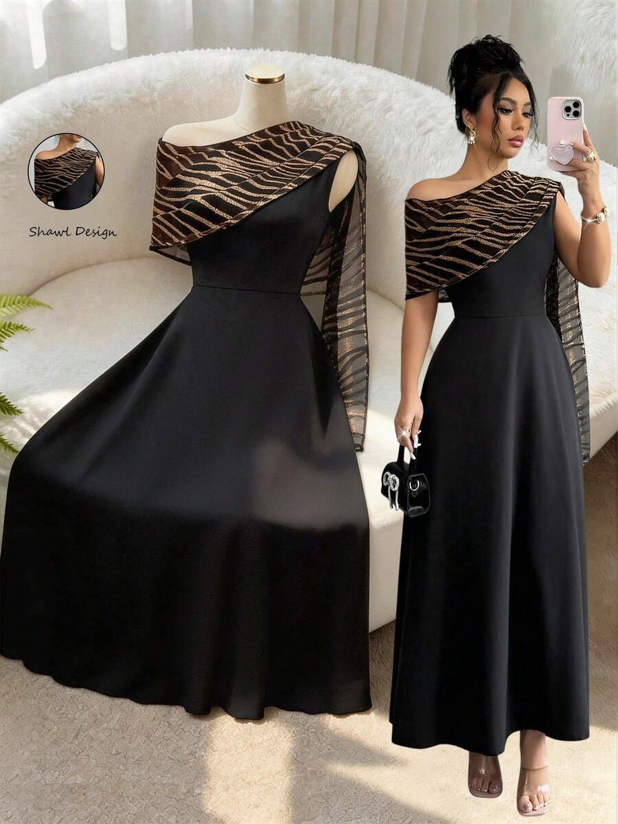 Elenzga 优雅都市时尚新款夏季黑色不对称肩部A字连衣裙，搭配单侧斑马纹披肩，适合日常穿着、婚礼、晚宴、通勤、毕业派对、节日、假期、约会、聚会、万圣节、圣诞节、新年、感恩节、婚礼等场合 - 女装 - 黑色 - 查看 1