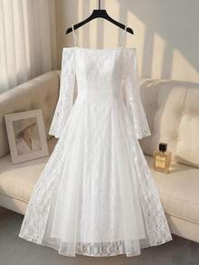 Modelyn French White Lace Off-Shoulder Long Sleeve Mesh Flared Dress - Pearl White - View 9