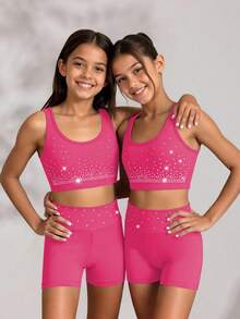 Bộ đồ thể thao cho bé gái tuổi teen, áo và quần short, màu hồng cánh sen | Chất liệu co giãn cao với các hạt pha lê lấp lánh, phù hợp cho tập thể dục dụng cụ và khiêu vũ. - Màu Hồng Tươi - Xem 1