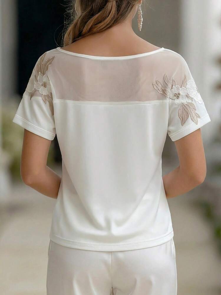 EMERY ROSE Blusa de satén con decoración floral, cuello redondo elegante, ajustada, para uso diario, vacaciones, casual y fiestas. Confección de alta calidad, para uso casual en primavera/verano - Blanco - Añade 2