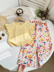 LMoss Kids Set de 2 piezas de top con cuello de volantes de unicolor y pantalones holgados con estampado floral para bebé niña - Multicolor - Ver 3