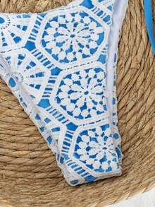Bonvoyette Nuevo conjunto de bikini de 2 piezas de lujo y elegante Swim Vcay, con encaje de ganchillo blanco y triángulo caramelo/marrón.Top de natación con cuello de halter y acentos de cuentas de madera, tanga sexy de corte alto para traje de baño/bañador de verano, playa, piscina, vacaciones, estilo retro Y2K Spice Hot Girl, festival de música, salidas a la tropical, vacaciones en la isla costera y vibraciones modernas - Azul - Ver 6