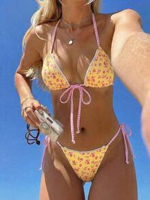 Swim Mod Bộ bikini hai mảnh màu vàng in họa tiết, kiểu yếm, cúp ngực tam giác, thích hợp cho nữ, đi biển, nghỉ mát. - Nhiều màu - Xem 1