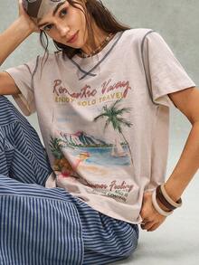 Bohemela Áo thun nữ dệt kim cổ tròn tay ngắn dáng rộng, màu trơn, kiểu dáng thường ngày - Màu be - Xem 2