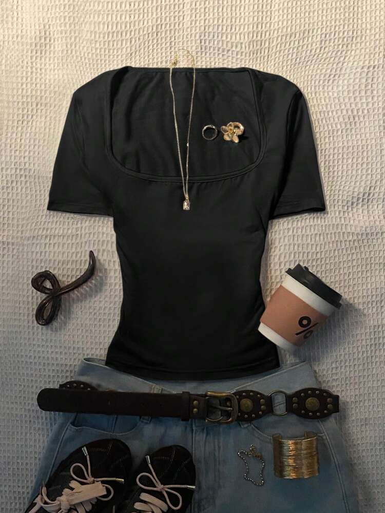 SHEIN Retro Casual Black Summer Square Neck Short-Sleeved T-Shirt,Minimalist Basic Everyday Wear,Simple Versatile Commuting School Retro 2000s Style Tops - Black - View 4