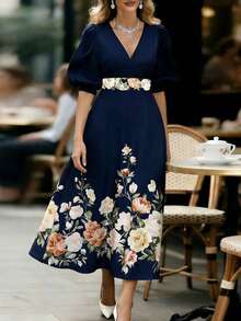 Balvessa 优雅通勤印花连衣裙 - 藏蓝色 - 查看 3