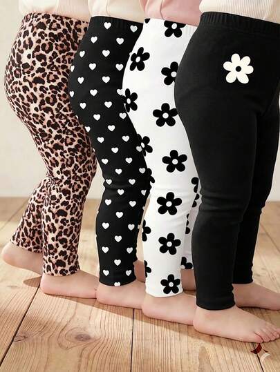 4pcs Baby Girls' Casual Versatile Soft Cute Floral, Leopard Print, Heart And Solid Black Leggings, High Cost-Effective, Suitable For Spring/Summer Indoor And Outdoor Play