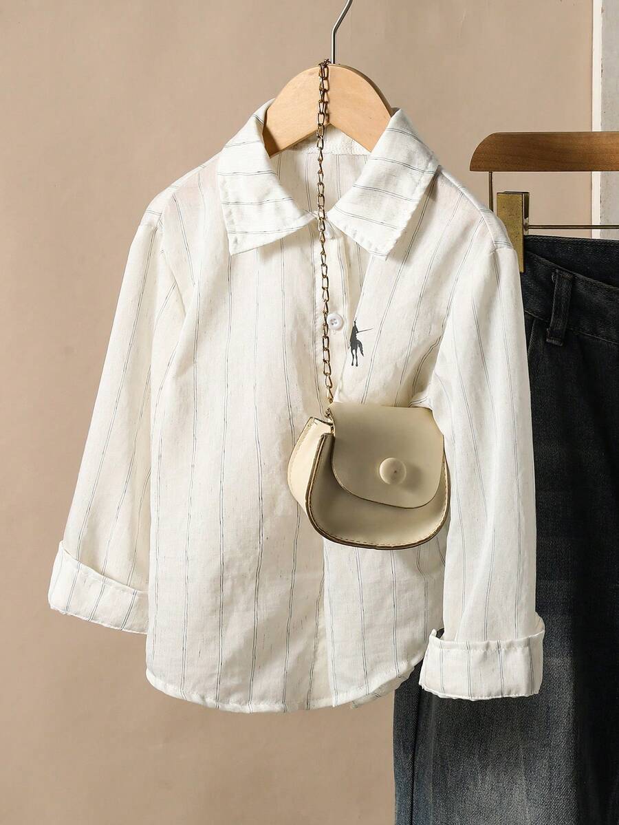 SHEIN Genkimix Kids Áo sơ mi dài tay thêu họa tiết mới năm 2025 dành cho bé gái, kiểu dáng thường ngày cho mùa thu. - trắng - Xem 1