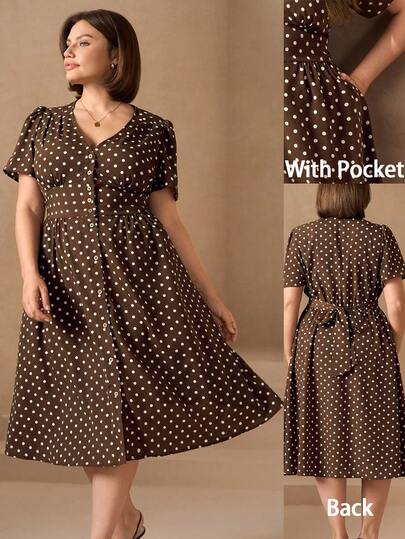 Chikora Plus Size Women Elegant V-Neck Casual Office Dress Summer Dresses For Women Summer Outfits For Women Summer Clothes Summer Vacation Outfits Summer Outfits For Woman Summer Clothes Women Office Attire For Women Work Outfits For Women Work Tops For Women Brown Dress Brown Skirt Brown Dresses For Women Polka Dot Dress Elegant Dresses For Women Elegant Dress For Women Elegant Dresses For Party Elegant Dress Women High-Quality Dress Brown Polka Dot Dress Button Dress Tea Dress Polkadot Dress