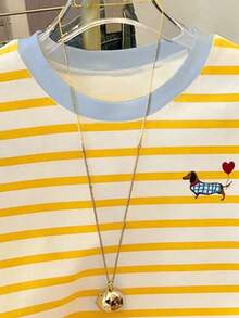 2026春夏新款女童时尚休闲舒适度假风黄蓝仿刺绣爱心狗狗印花短袖圆领T恤，适合夏季穿着 - 彩色 - 查看 5