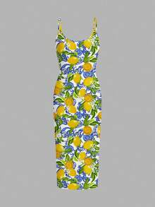 Veykashi Casual Minimalist Full-Print Fresh Lemon Fruit Pattern Bodycon Cami Maxi Dress, Suitable For Summer, Beach Vacation, Graduation Season, Spring Break - Yellow - View 7