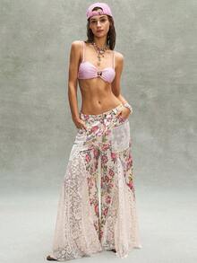 Bohemela BOHO Countryside Vacation Casual Pink Ditsy Floral Contrast Lace Loose Wide Leg Low Waist Women Pants - Khaki - View 9