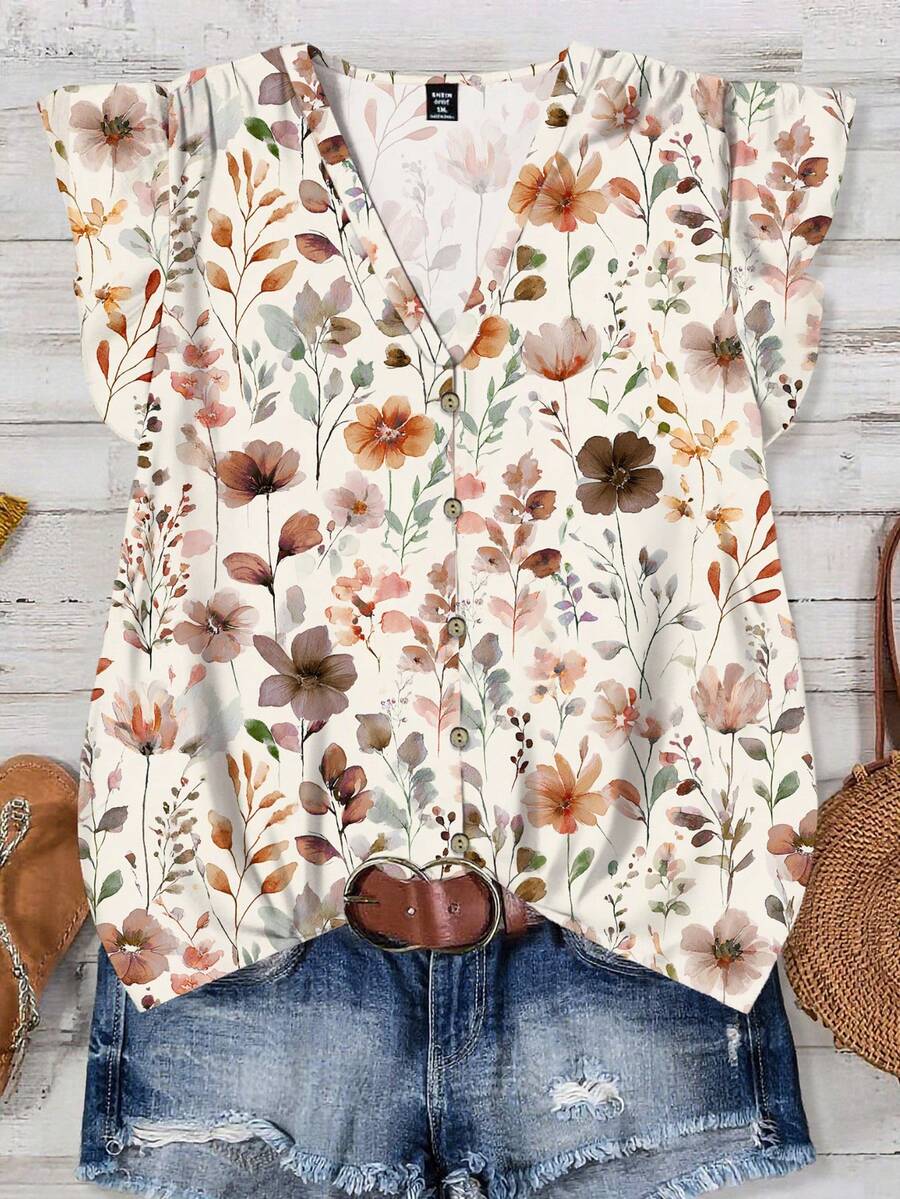 EMERY ROSE Women's Floral Print V-Neck Ruffle Hem Casual Blouse, Suitable For Summer,Summer Top - Multicolor - View 1
