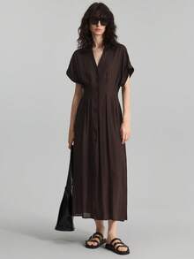 Ontre 2026SS New Summer Women's Solid Coffee V-Neck Bat Sleeve Pleated Single-Breasted Casual Long Dress, Spring/Summer Elegant Ladies Dress, Graduation Dress, Vacation Beach Music Festival Formal Dress - Coffee Brown - View 5