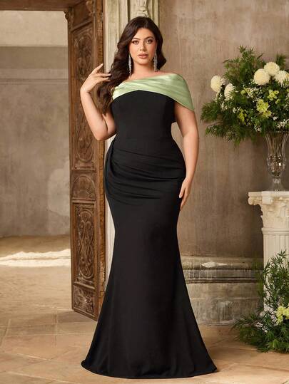 Aureia Đầm dạ hội dáng xòe đuôi cá, thanh lịch, tối giản, trễ vai, xếp ly, ôm sát, cỡ lớn, phù hợp cho mọi dịp.