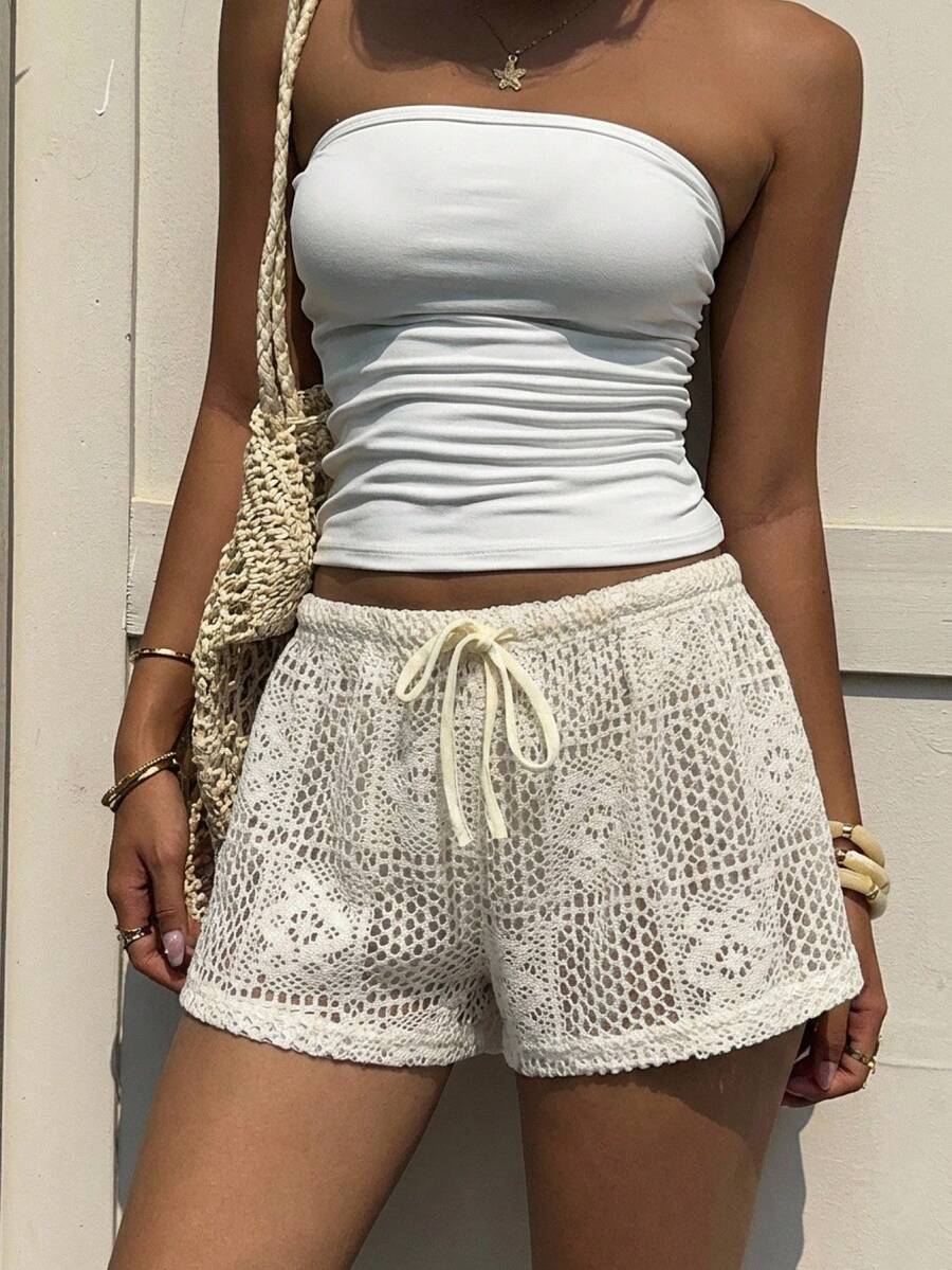 Aloruh 杏色低腰刺绣面料优雅度假休闲Y2K超短裤，适合音乐节和演唱会