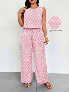 EMERY ROSE 大码几何印花无袖弹力腰休闲连体裤 - 淺粉色 - 查看 1